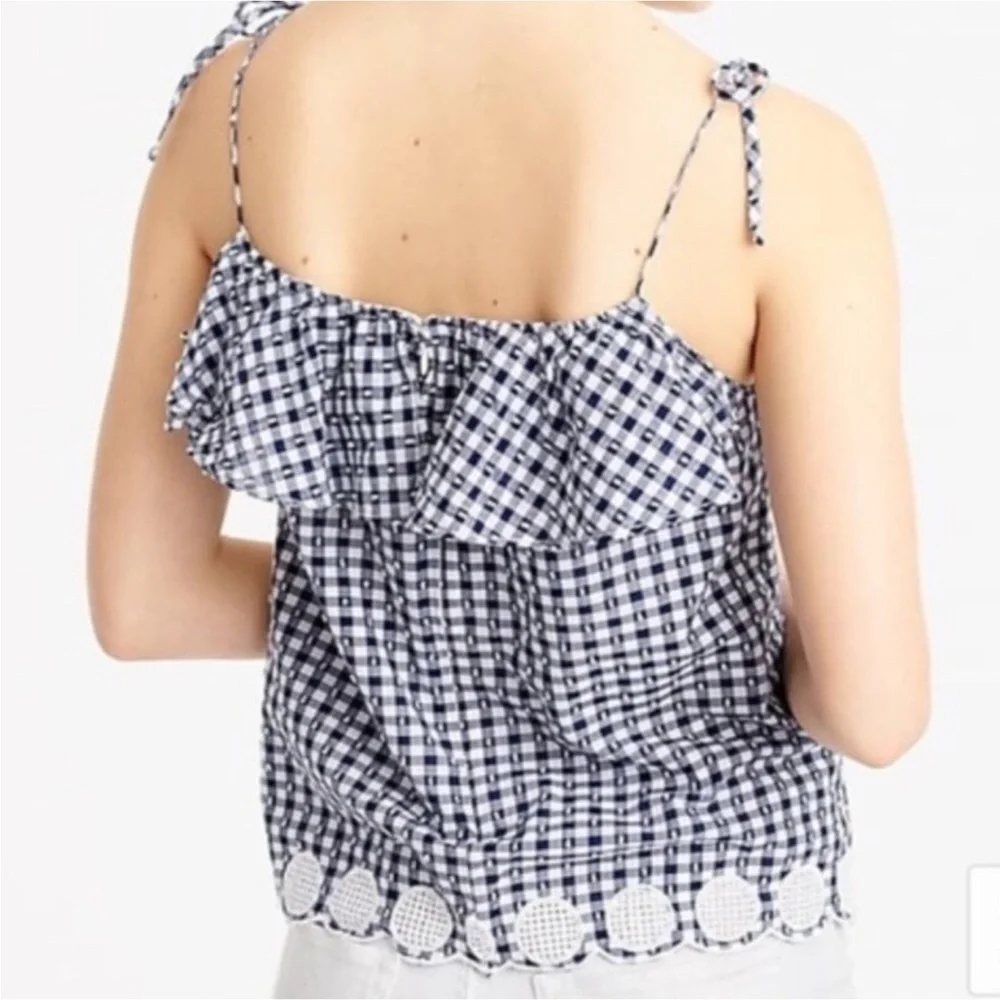 J.Crew Gingham Plaid Ruffle Tie Shoulder Top
